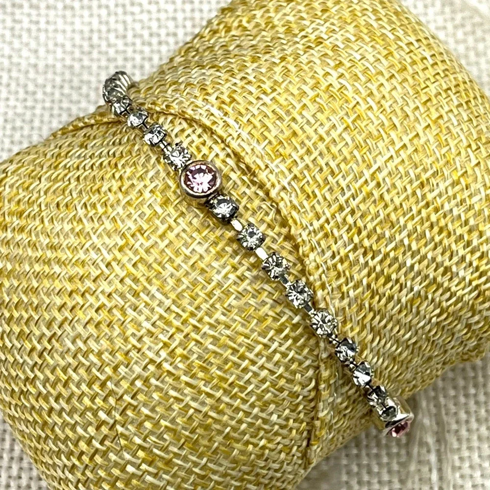 Vintage Pink & White Rhinestone Silver-Tone Bracelet - 7.5" - Picture 3 of 13